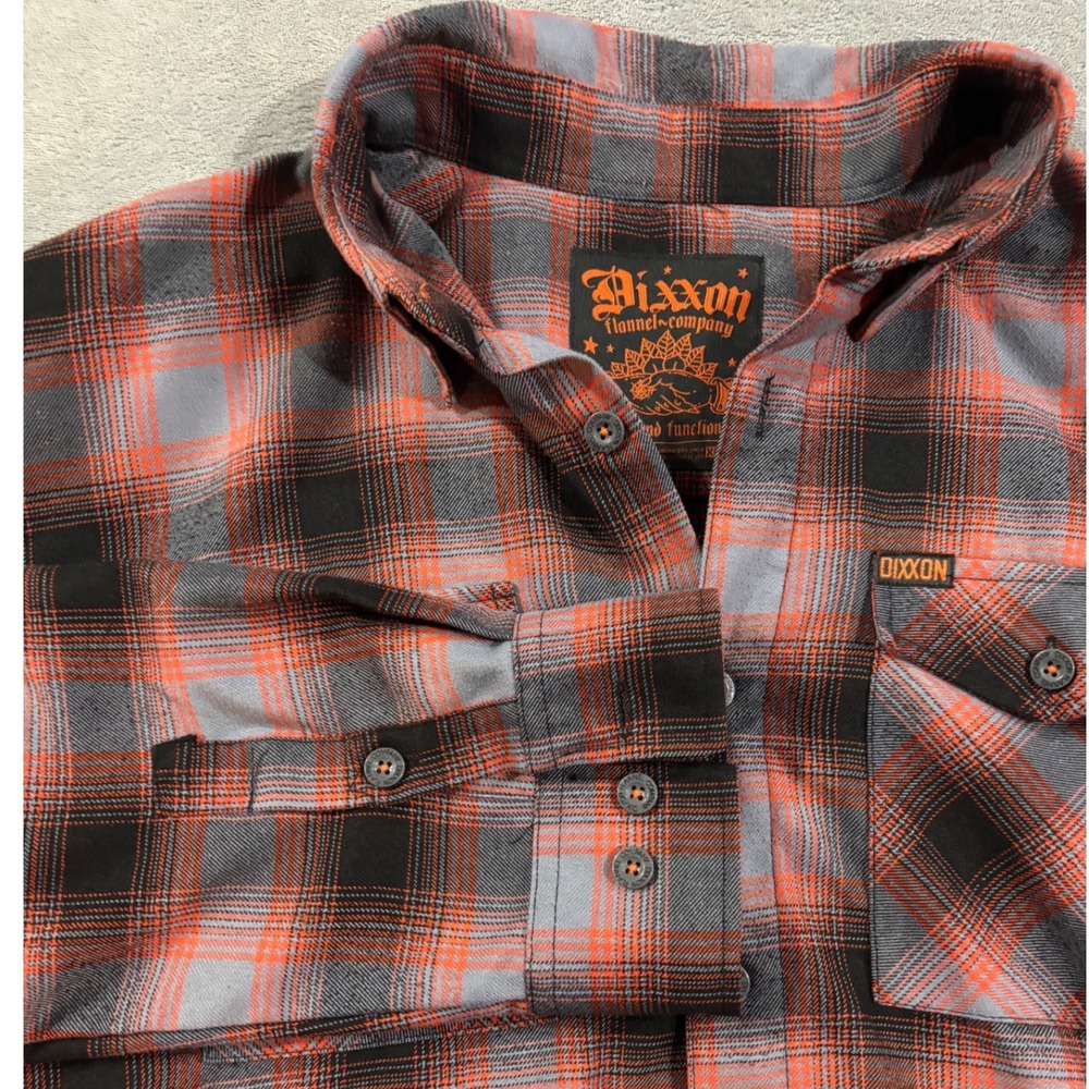 Dixxon Flannel Co Orange Grey Black Plaid D-Tech Shirt Mens XL Tall Button Down